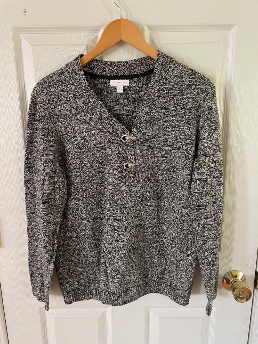 Charter Club Black & White Marled V-Neck Sweater with Toggle Detail